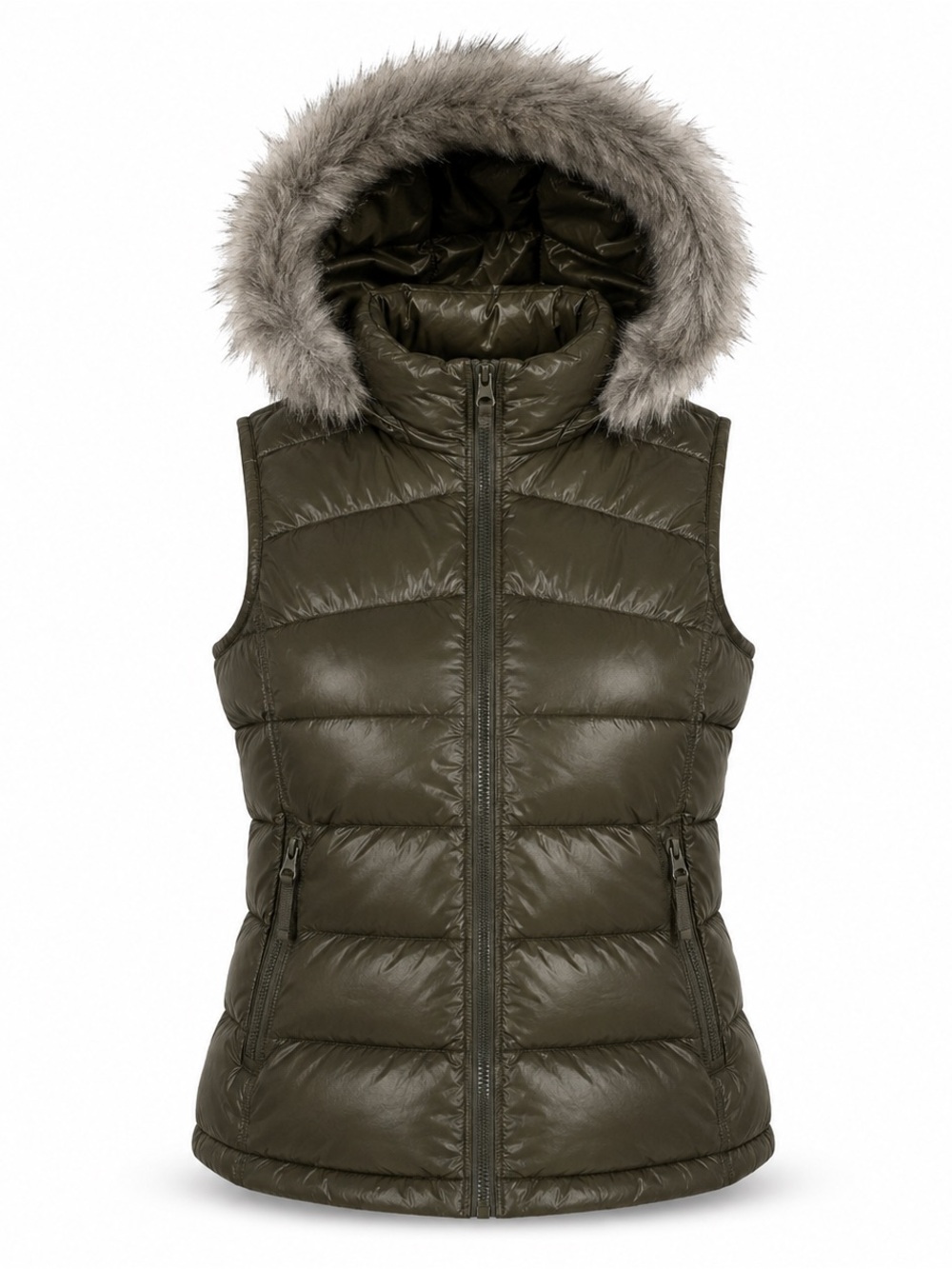 NWT GAP ColdControl Max Olive Green Faux Fur Hooded Puffer Vest